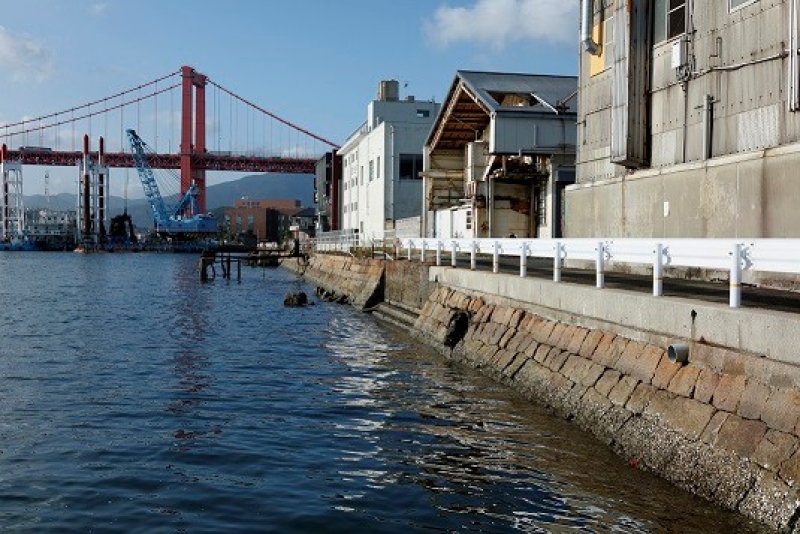 東海岸係船護岸　1892年に防波堤として建設された石垣です。延長1700ｍのうち約850ｍが護岸として現存しています。